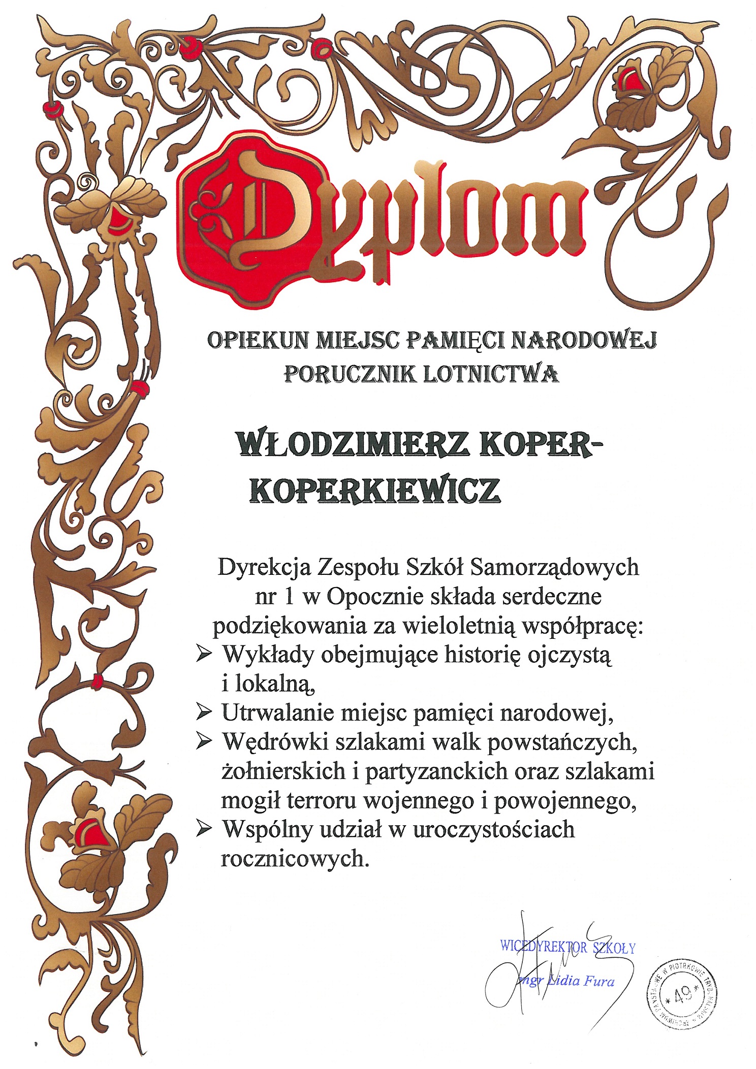 Dyplom uznania dla Włodzimierza Koperkiewicza - Zbiór Włodzimierza Koperkiewicza